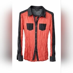 Cecico Coral Crinkle Button-Down Blouse w/ Denim Trim & Pockets